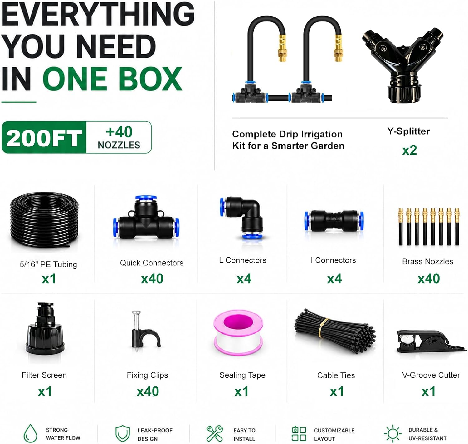 5/16" Drip Irrigation System 200 ft with 40-Pcs 360° Adjustable Copper Nozzles, Automatic Misting Watering System for