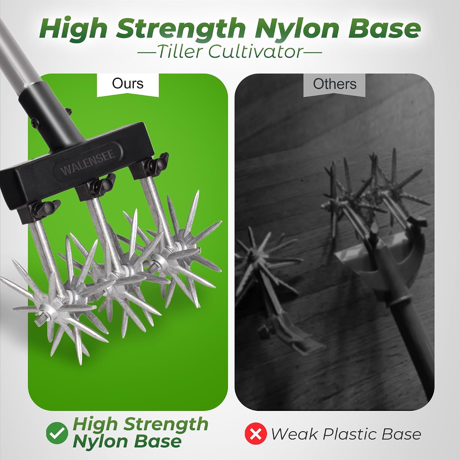 Walensee Rotary Cultivator, Hand Tiller for Soil Mixing or Reseeding | Star-Shaped Rotating Tines Break Up Soil Clods