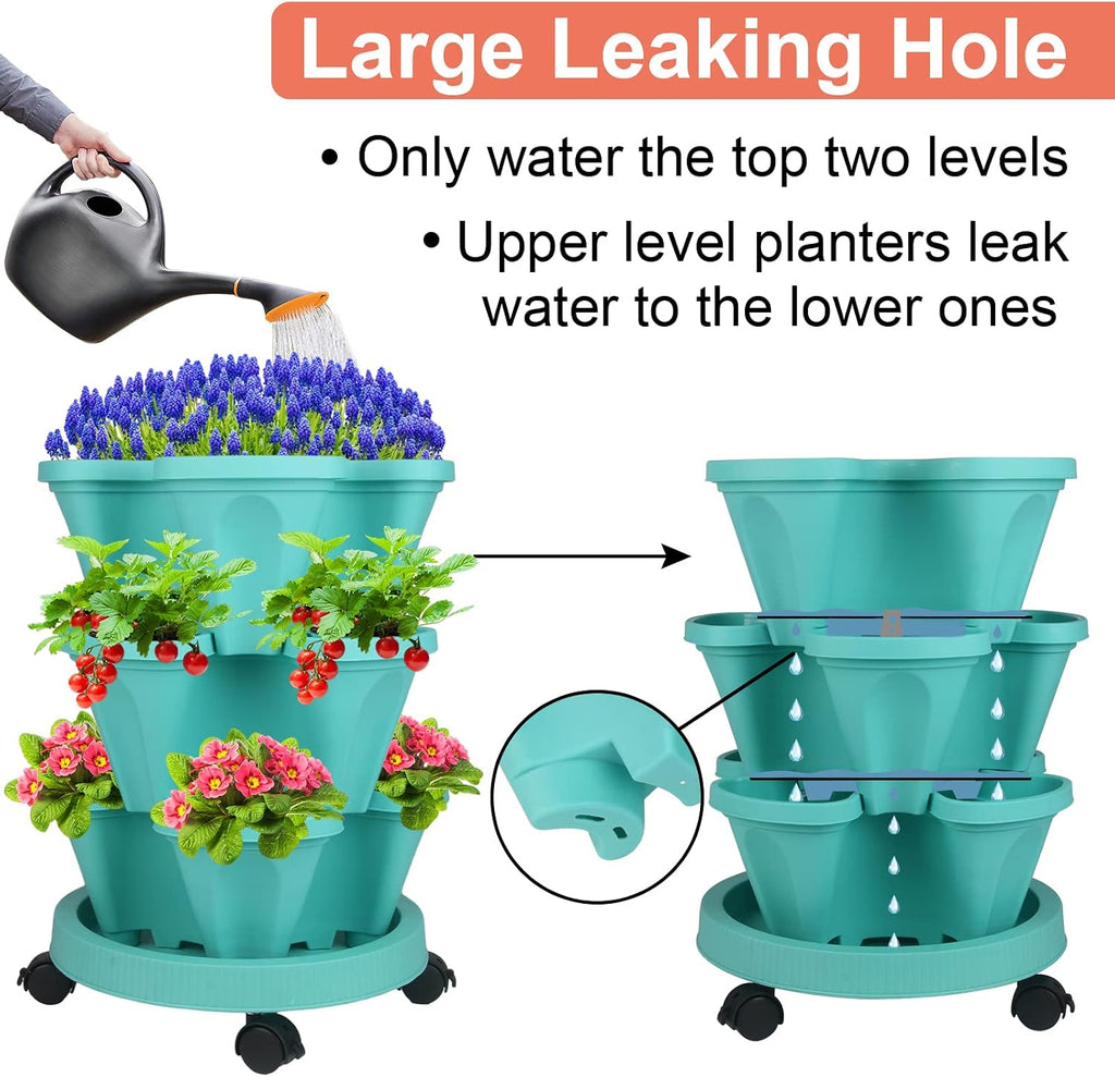 DUNCHATY Stackable Planter, Vertical Garden Planter with Wheels and Tools, Self Watering Strawberry Planter