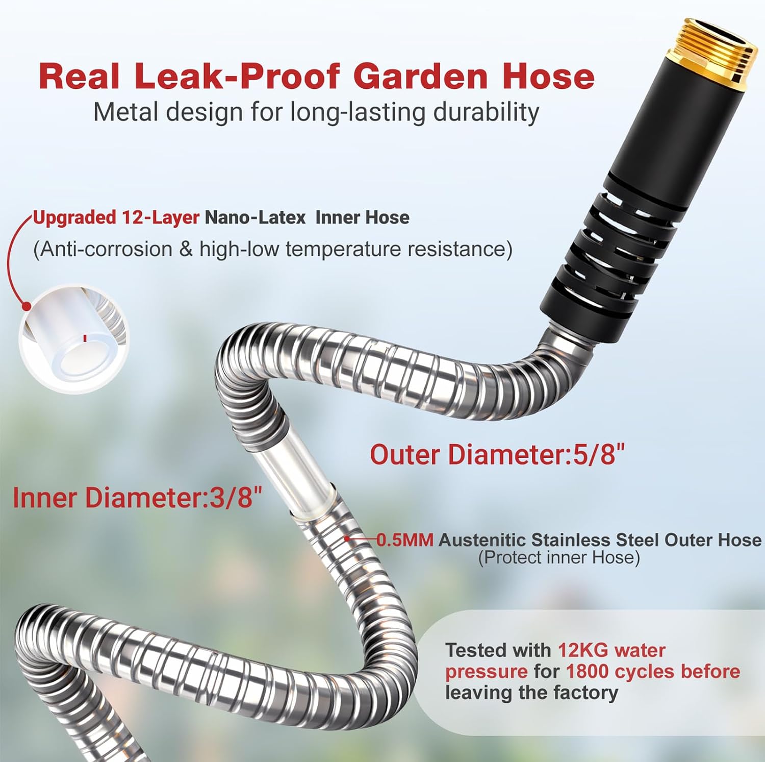 100ft Metal Garden Hose - Heavy Duty 304 Stainless Steel Flexible Water Hose, No Kinks & Leak-Proof with Upgraded