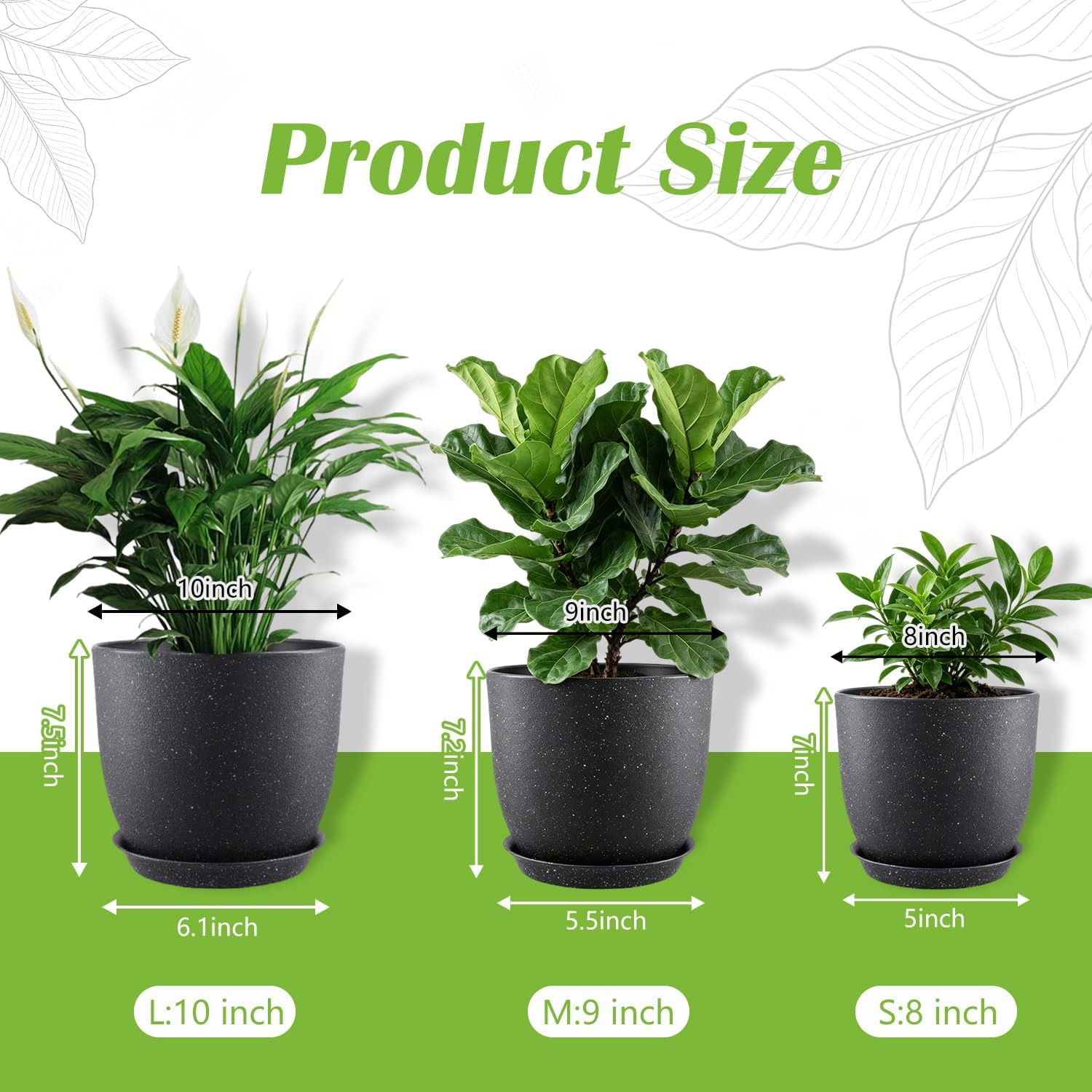 10/9/8 Inch 3 Pack Speckled White Plant Pots with Drainage Holes and Saucers, Indoor Outdoor Decor Planters for