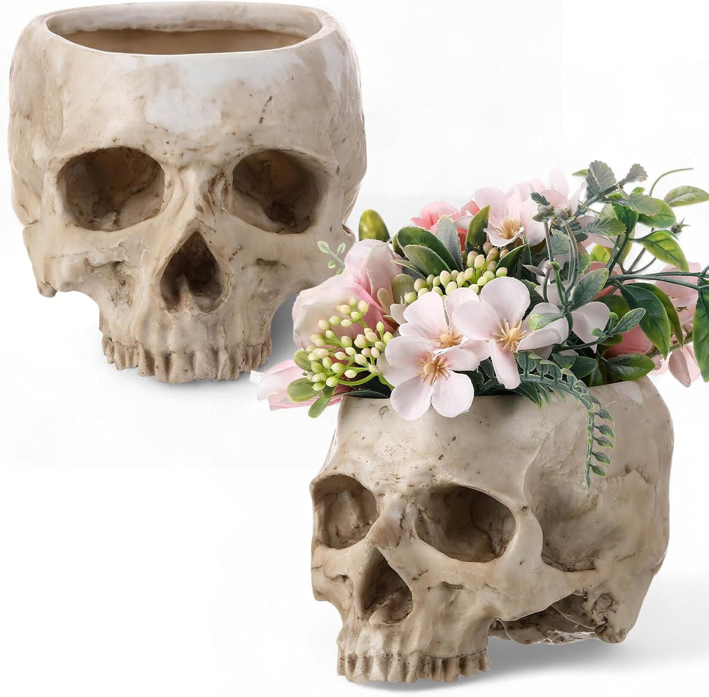 Halloween Skull Trick Or Treat Bowl Black Skeleton Planter Gothic Candy Pot