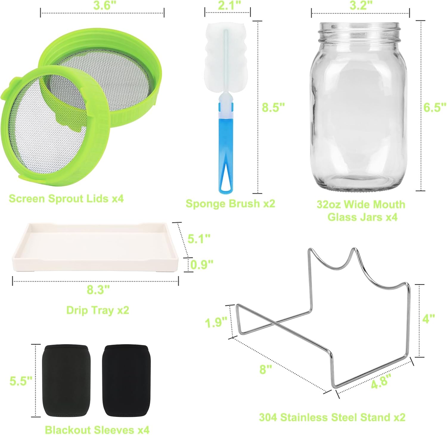 Lulonpon Sprouting Kit, 4 Sprouting Jar Kits, Wide Mouth Quart Mason Jars with Stainless Steel Screen Sprout