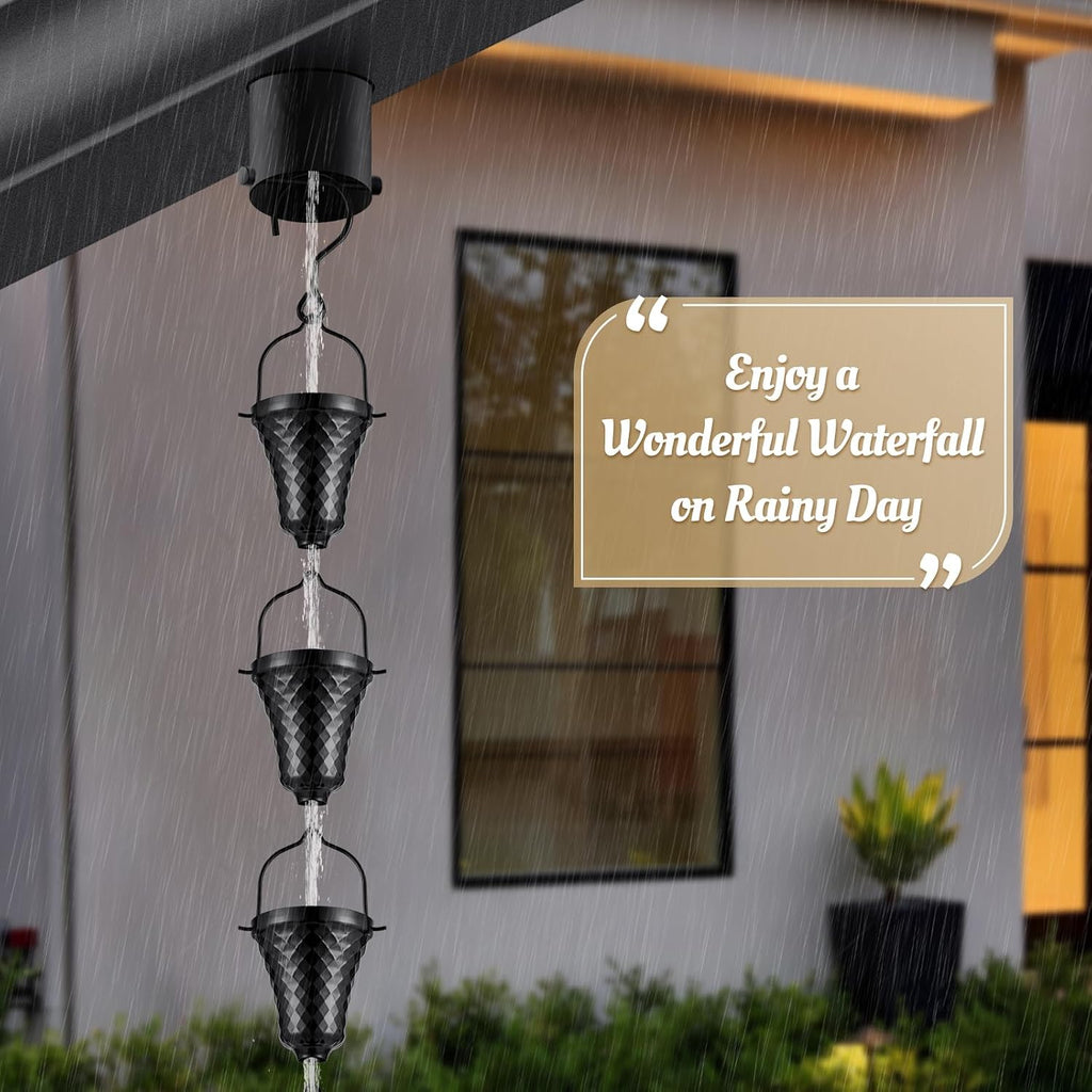 8.5 FT Black Rain Chain with 16 Cups for Gutters Downspouts Outside | Large Opening to Avoid Splashing, Instruction for