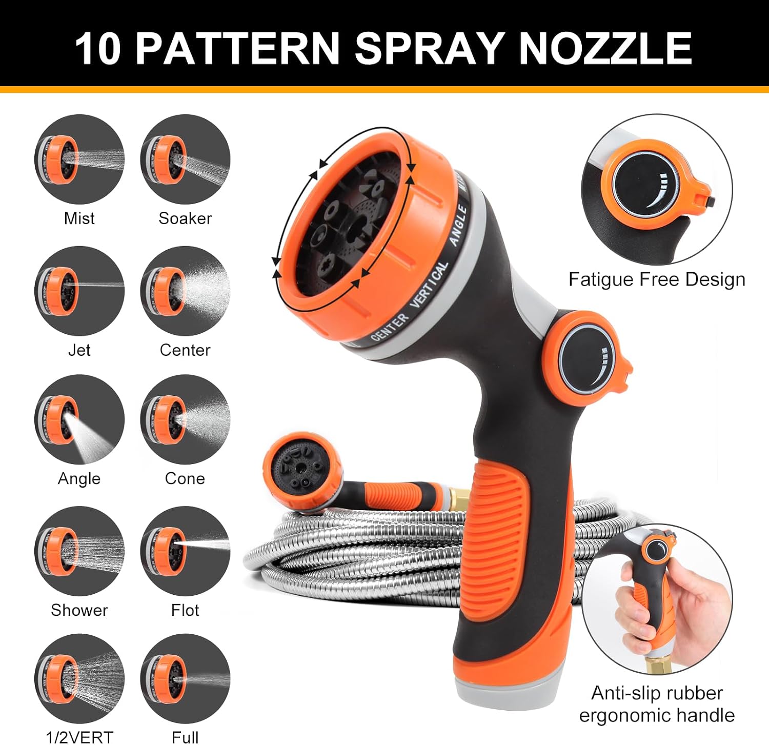 Metal Garden Hose 100 ft, Stainless Steel Water Hose 100ft with 10 Function Nozzle & 3/4 Copper Fitting, Heavy Duty &