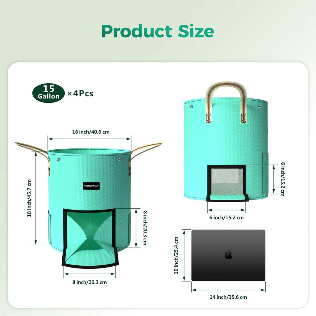 4 Pcs 15 Gallon Potato Grow Bags with Harvest, Breathable Window | Anti-evaporation PE Garden Planter Bag with 2