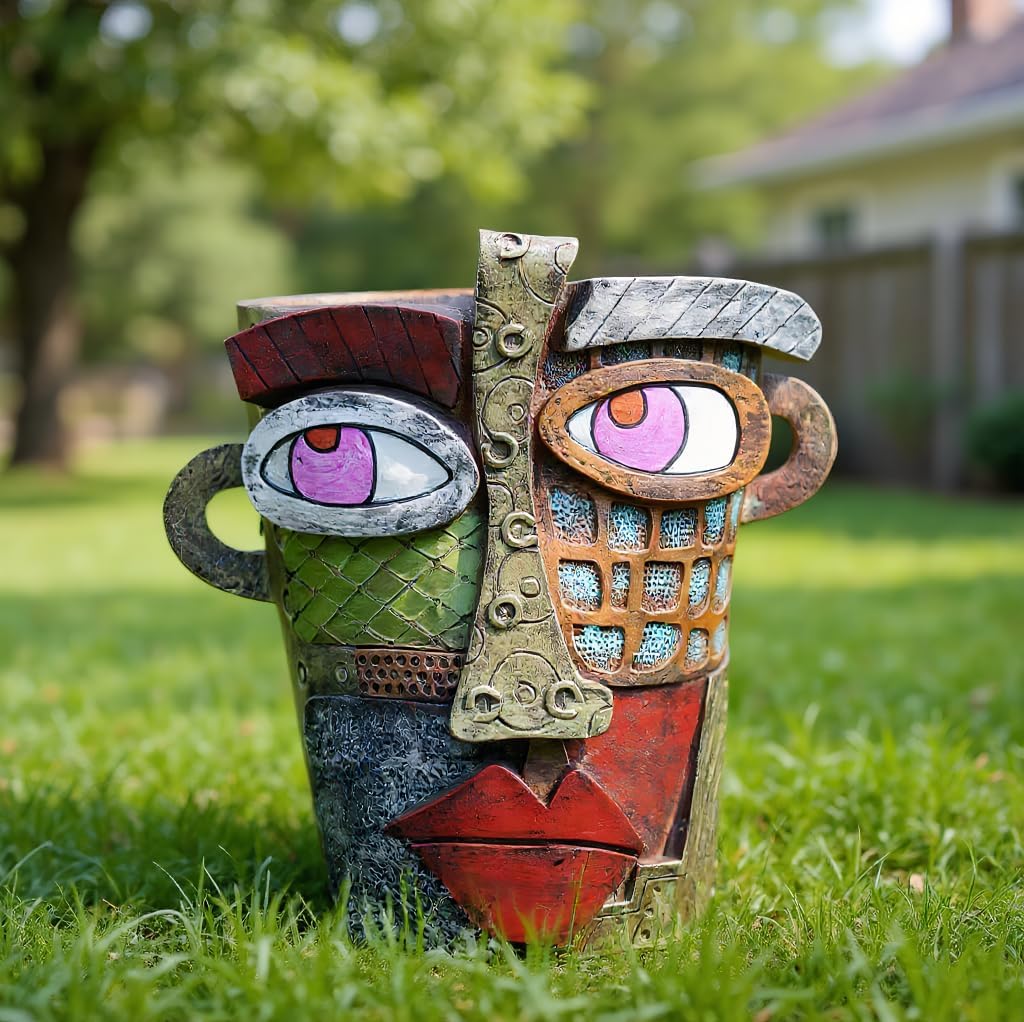 Picasso Abstract Face Flower Pot,Unique Resin Crafted Planter with Drainage Holes,Interesting Colorful Planter with