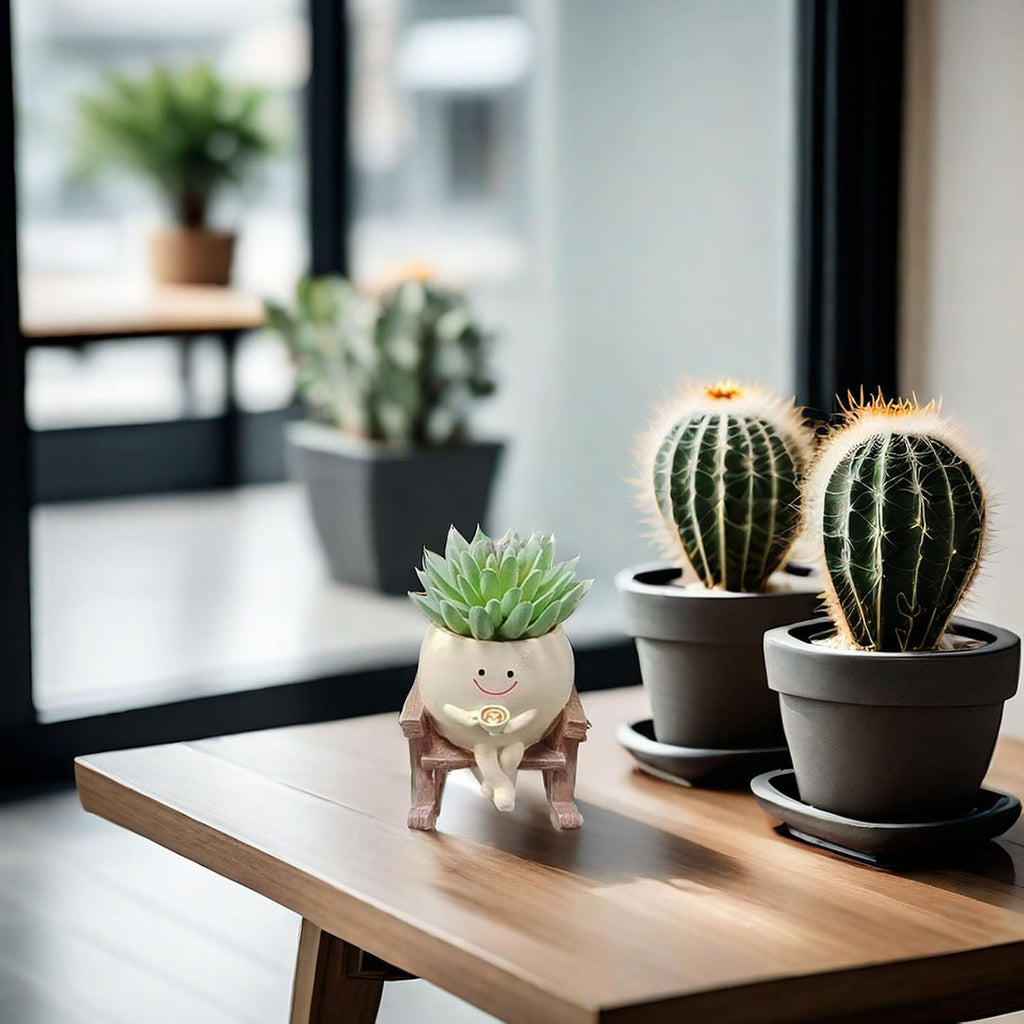 Funny Succulent Pots Rocking Chair Plant Pot With Coffee In Hand,Smily Face Planter Pot Cute Resin Flower Head Planters