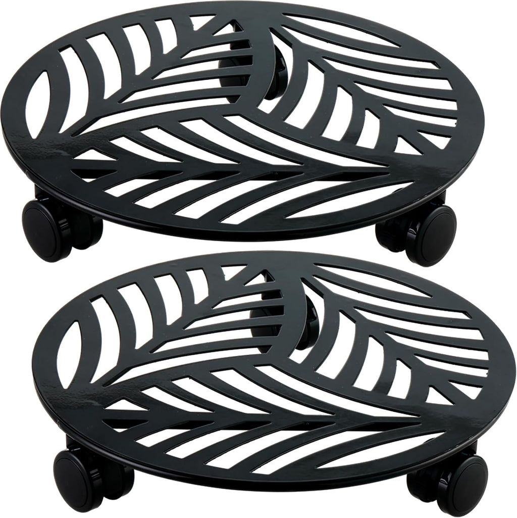 2 Packs Large Metal Plant Caddy with PU Wheels 12" Heavy-Duty Wrought Iron Rolling Plant Stands Indoor Outdoor Wheeled