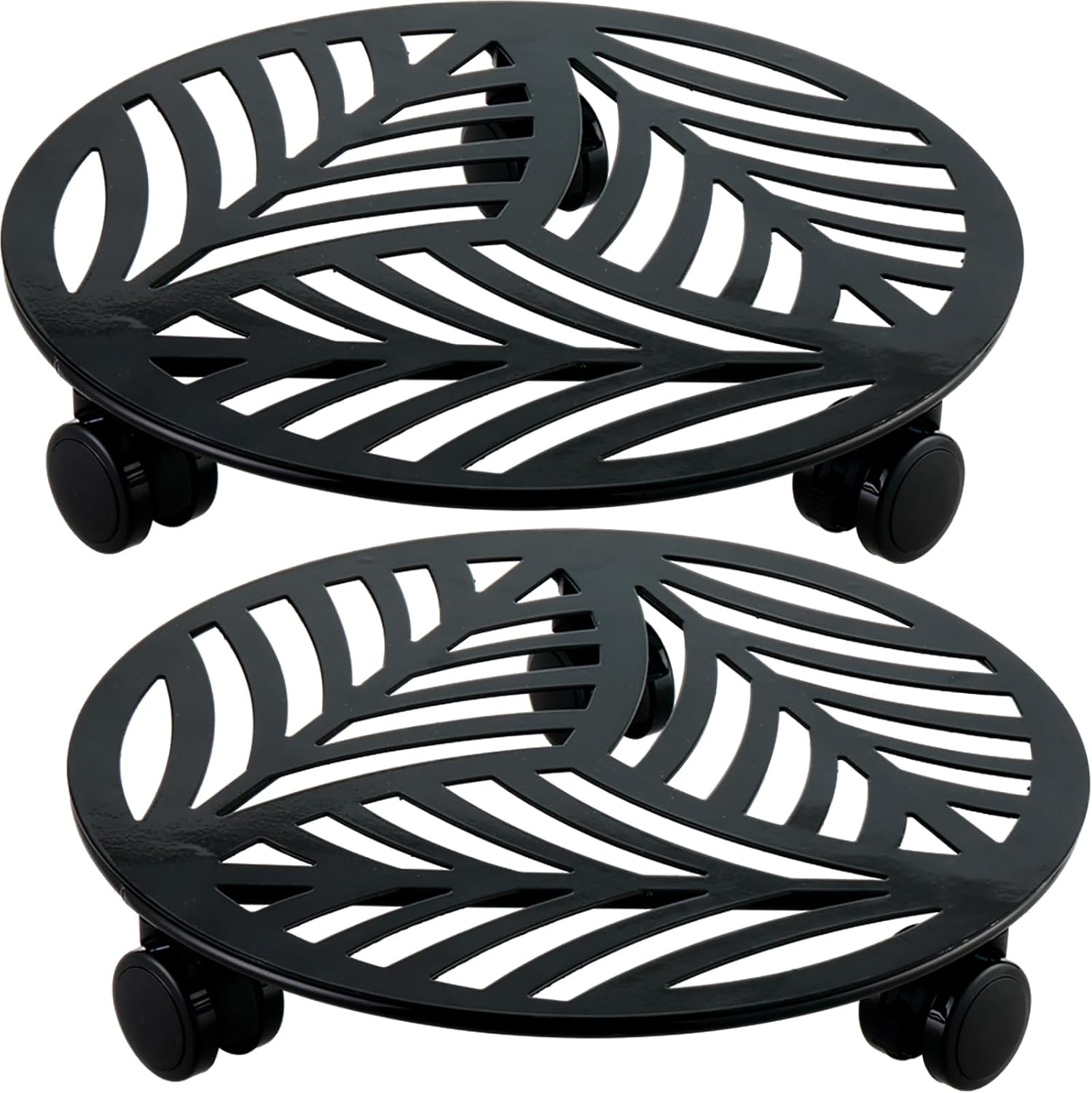 2 Packs Large Metal Plant Caddy with PU Wheels 12" Heavy-Duty Wrought Iron Rolling Plant Stands Indoor Outdoor Wheeled