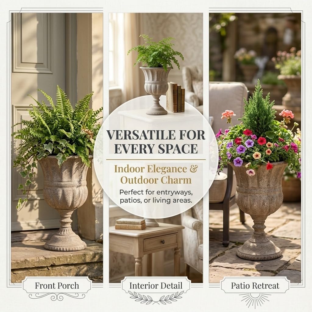 Vintage Urn Planter with Embossed Pattern, Imitation Stone Finish Flower Pot, Distressed Classic Plant Pot for Outdoor