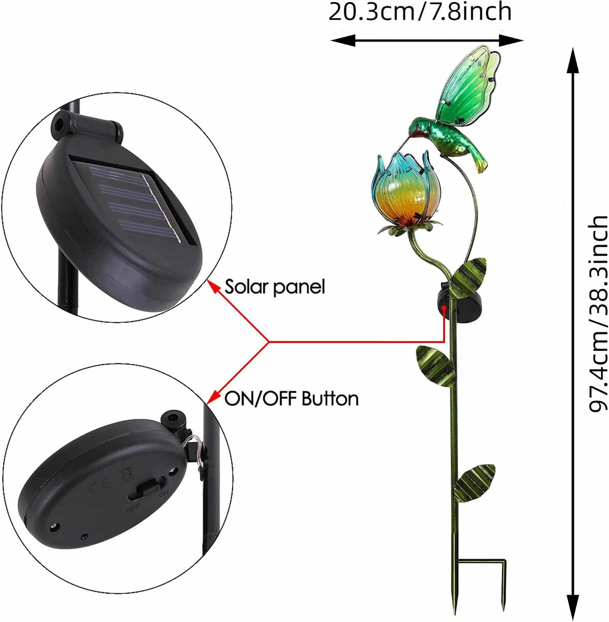 TERESA'S COLLECTIONS Glass Flower Bird Pathway Solar Outdoor Light for Garden Decor, 39'' Tulip and Hummingbird Metal