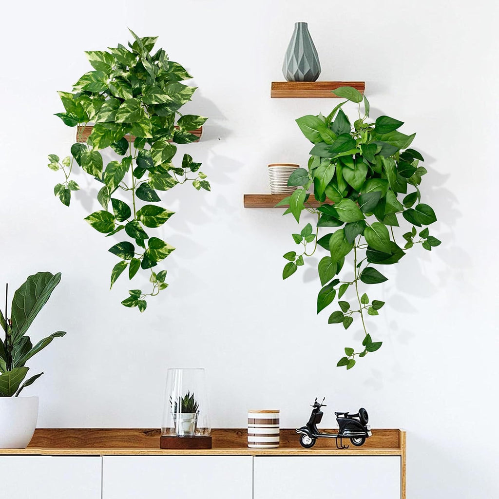2 Pack Artificial Hanging Plants with White Pots 23.6'' | Fake Pothos Potted Plants Faux Ivy Vines Realistic Greenery