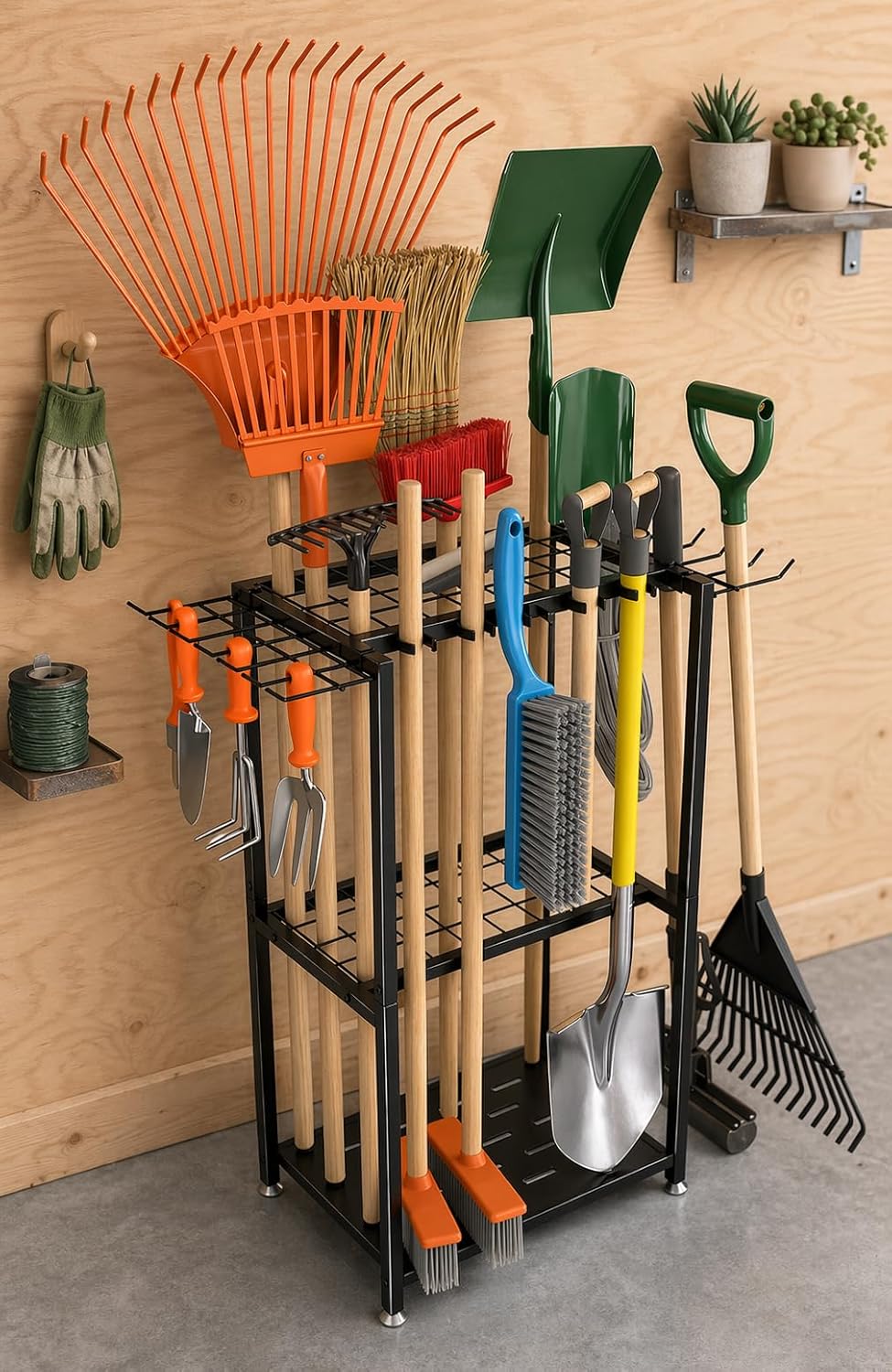 Faesun Garden Tool Organizer, 3-Tier Metal Yard Tool Rack with 14 Hooks & 5 Slots, Holds 50+ Rakes/Shovels/Brooms