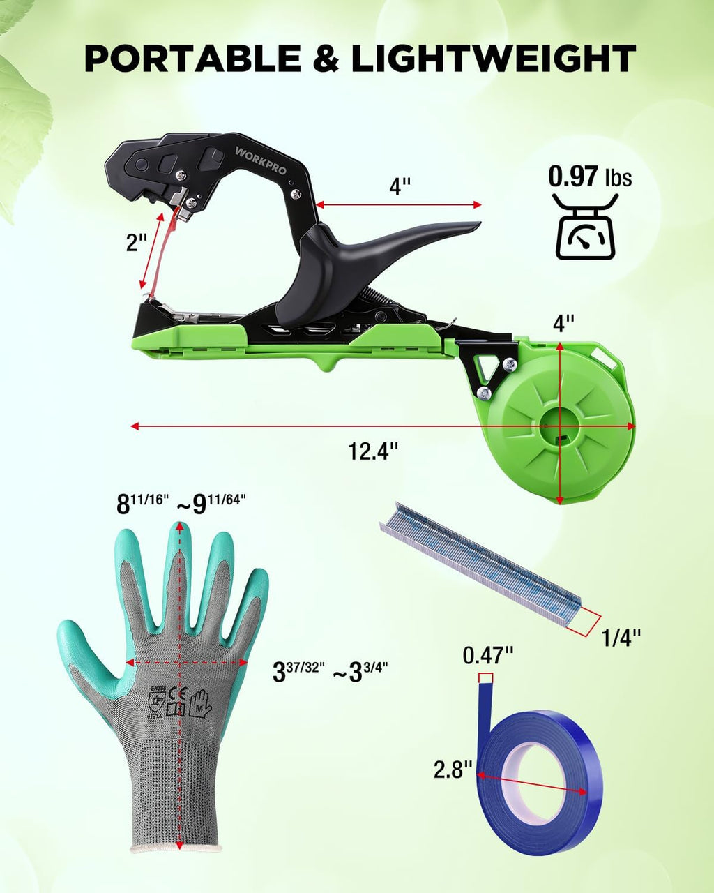 WORKPRO Plant Tying Machine with Gloves & 20 Rolls of Tape & 10,000 Staples | Lightweight Tape Gun for Tying Vines and