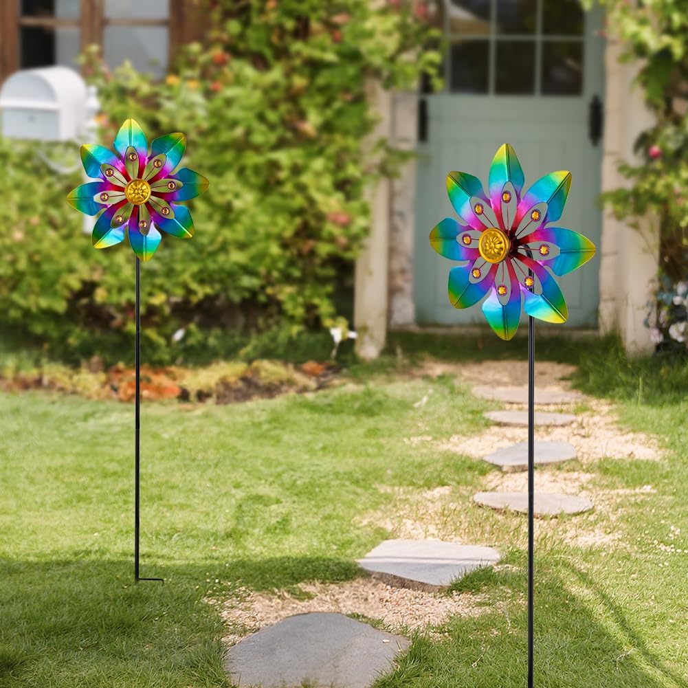VEWOGARDEN 2 Pack Wind Spinners Outdoor, Metal Wind Spinner with Flower Design for Yard Garden Lawn Decorations