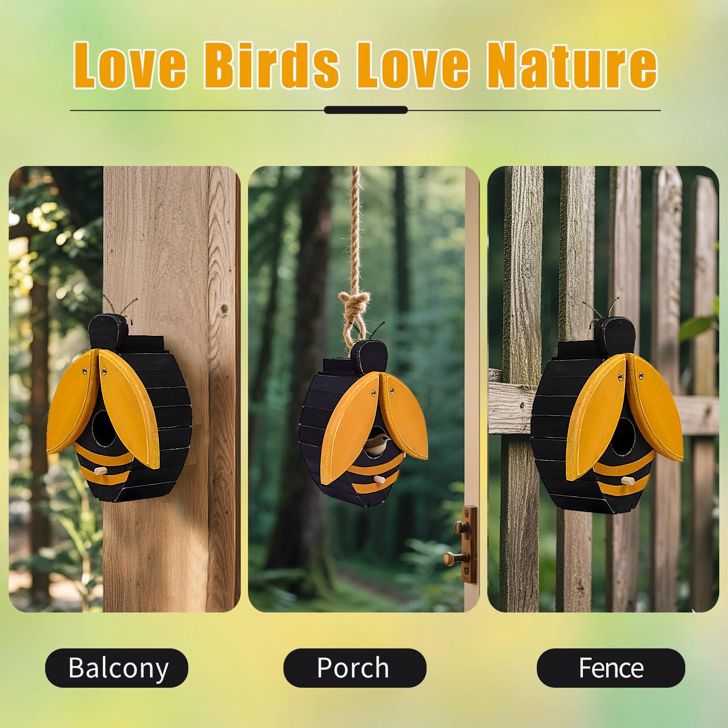 Bird Houses for Outside, Bee-Shaped Birdhouse Attracts Wild Birds (Bluebirds, Finches, Cardinals), Durable Wood Bird