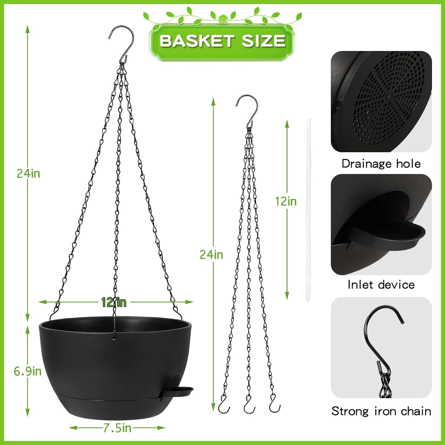 DANALLAN Hanging Planters for Indoor Plants, 2Pcs 12 Inch Self Watering Hanging Planter Basket Large Plastic Plant