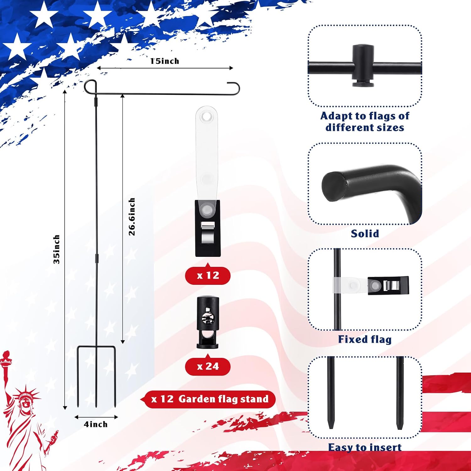 Therwen 12 Pack Garden Flag Stand 36.2 x 16.5 Yard Flag Holder Heavy Duty, with 3 Prong Base, Decorations,with Clip