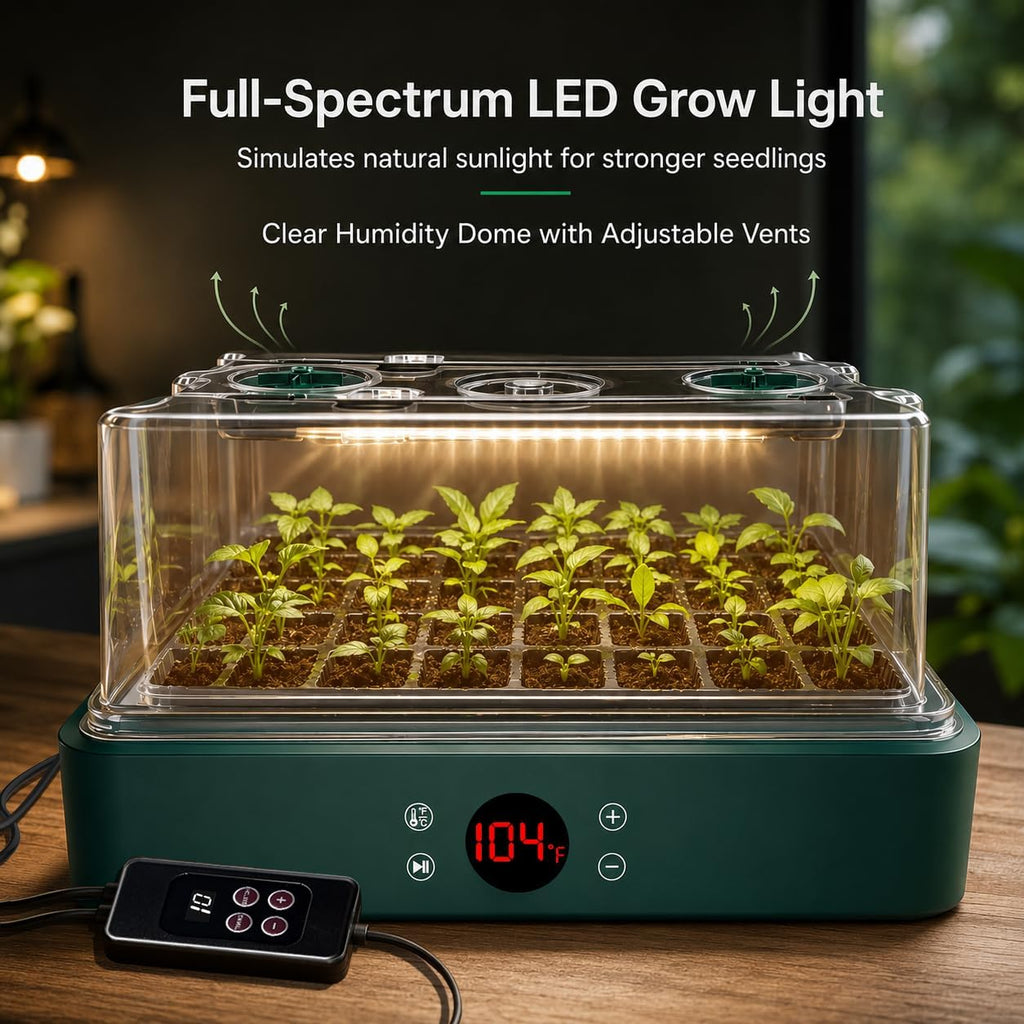 40-Cell Heated Seed Starter Kit with Grow Light & Humidity Dome | 1-24H Timer LED Light, Integrated Heat, Independent