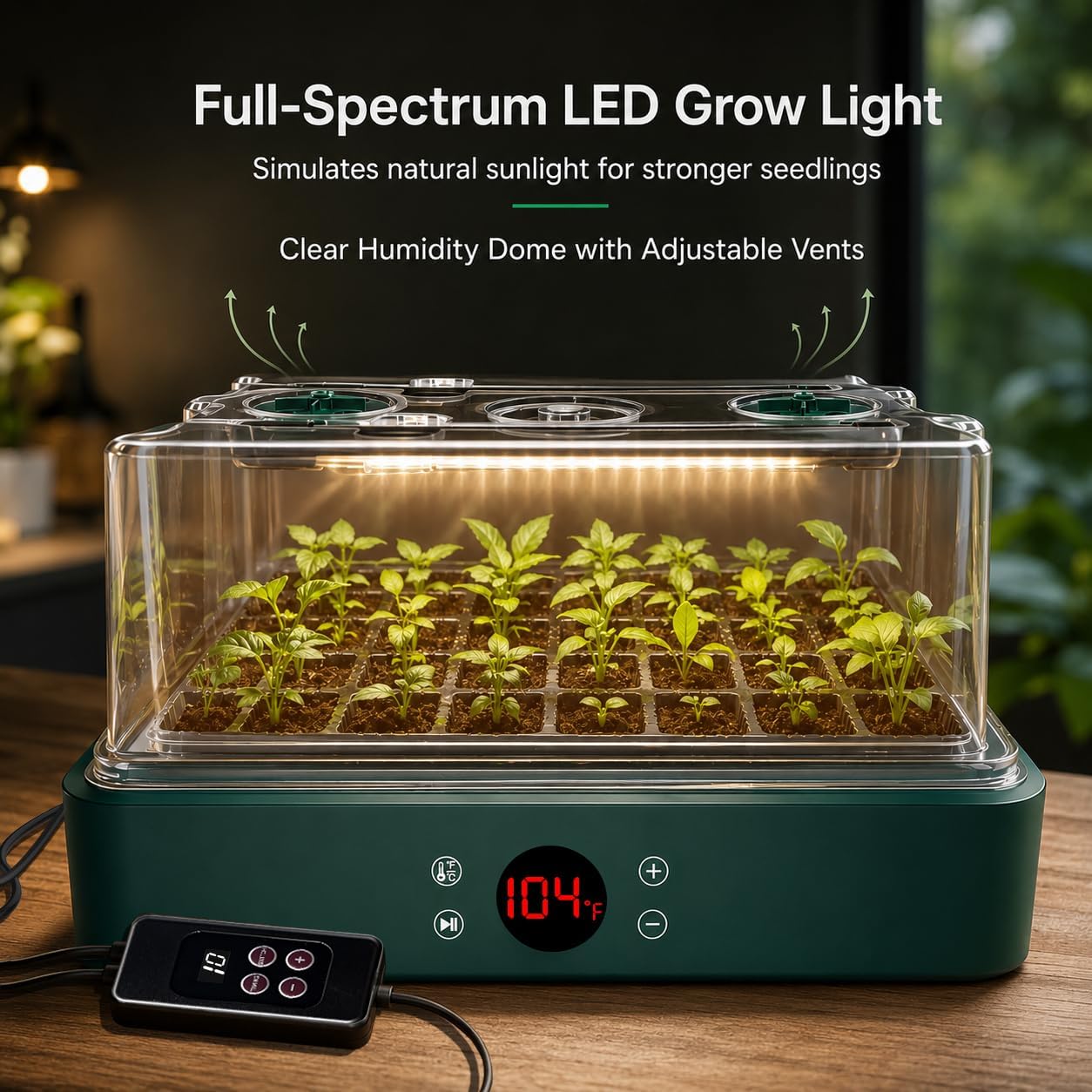40-Cell Heated Seed Starter Kit with Grow Light & Humidity Dome | 1-24H Timer LED Light, Integrated Heat, Independent