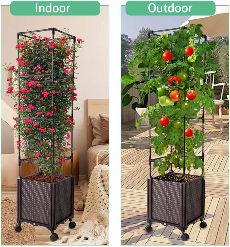 Raised Garden Bed with Tomato Cage & Trellis, 56" Self-Watering Tomato Planter Box for Vegetables Flowers | Lockable