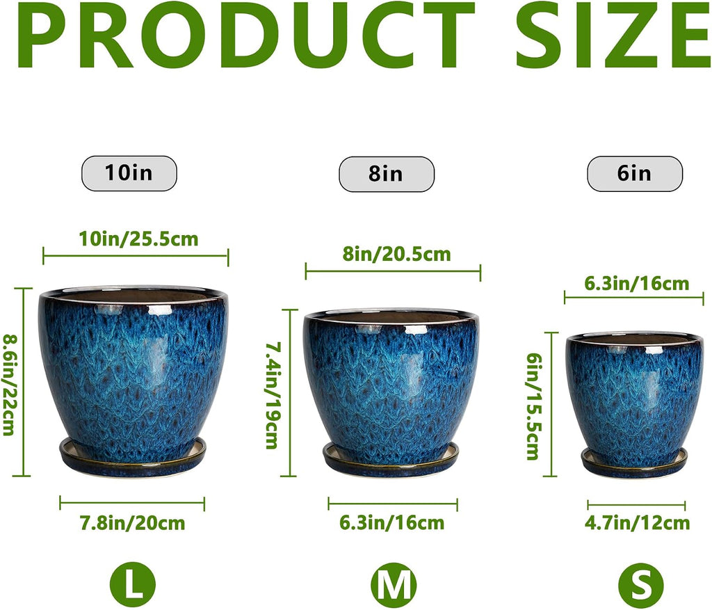 Plant Pots Indoor, Ceramic Planters Pots with Drainage Holes and Saucers, 10+8+6 Inch, Set of 3, Round Large Flower