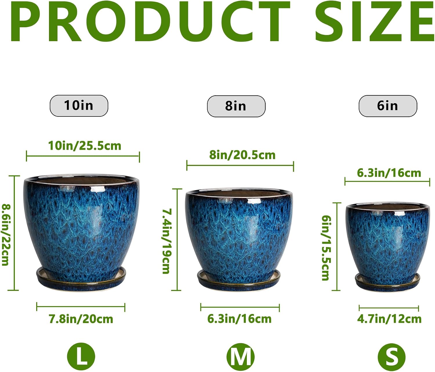 Plant Pots Indoor, Ceramic Planters Pots with Drainage Holes and Saucers, 10+8+6 Inch, Set of 3, Round Large Flower