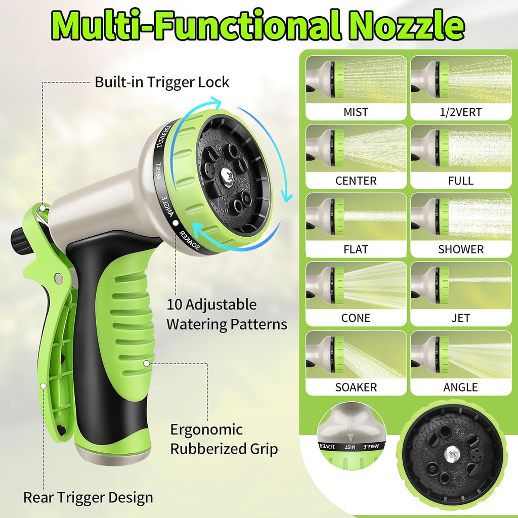 GOXAWEE 100FT Garden Hose, Stainless Steel Water Hose, 10 Function Nozzle | Heavy Duty Metal Water Hose (No-Kink, Tough