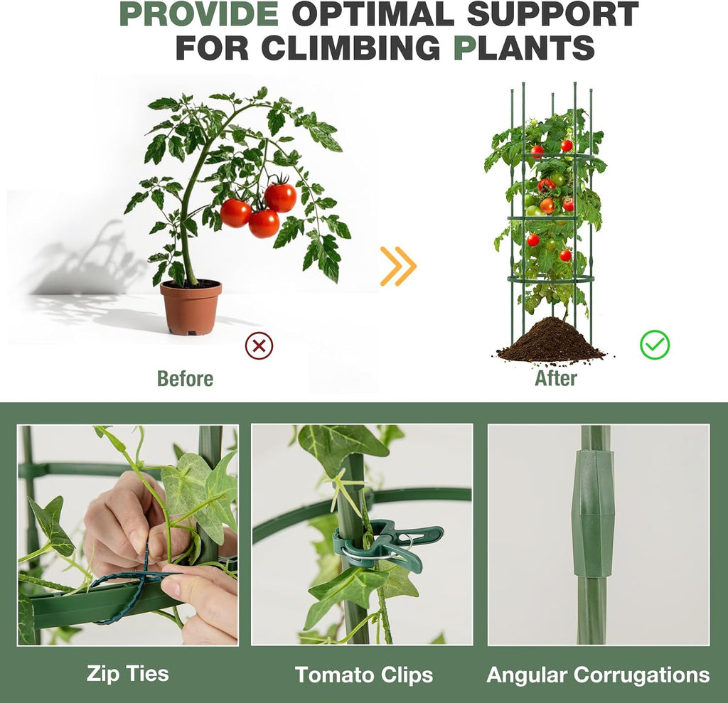 Happygrill 3 Pack Plant Cages and Supports, 60 inch Tall Adjustable Tomato Cage w/Clips & Ties, Heavy-Duty Garden