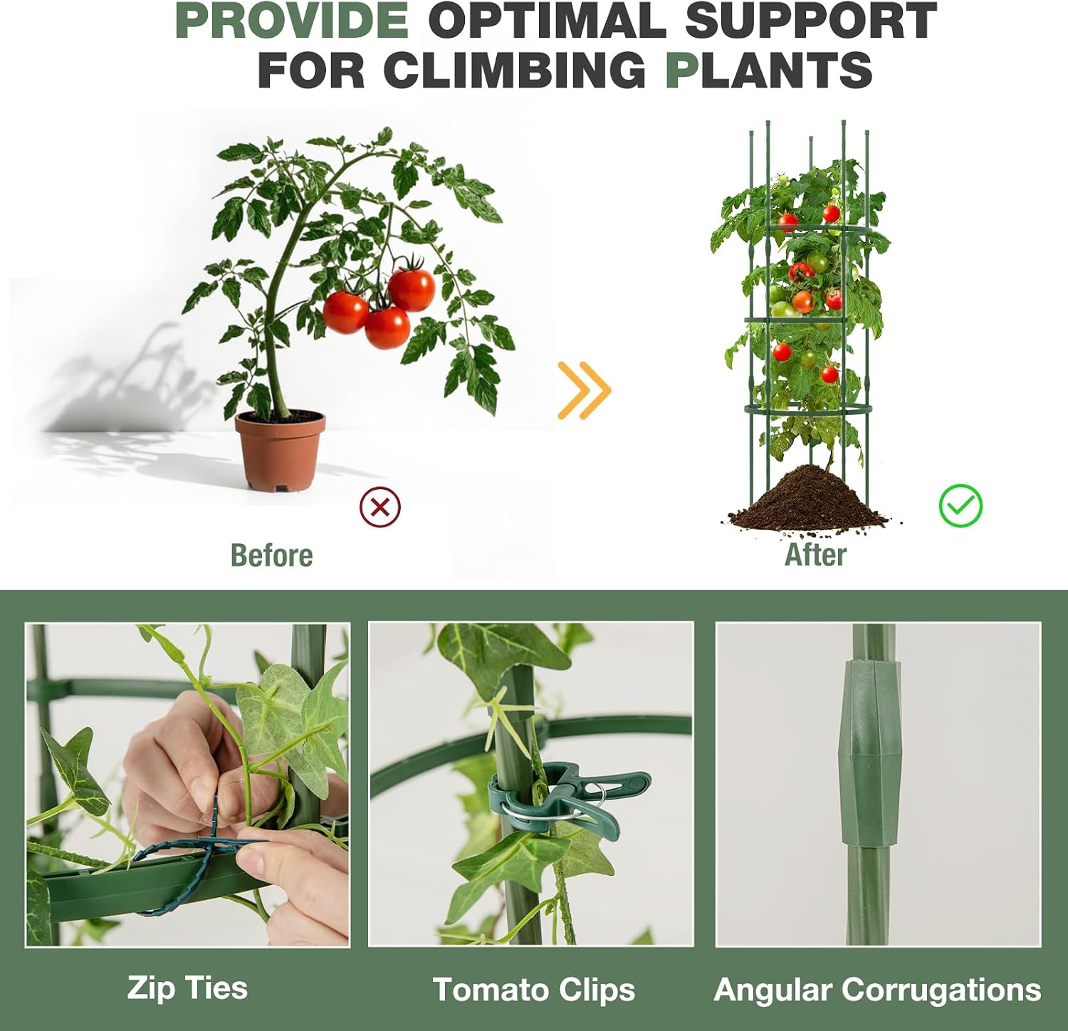 Happygrill 3 Pack Plant Cages and Supports, 60 inch Tall Adjustable Tomato Cage w/Clips & Ties, Heavy-Duty Garden