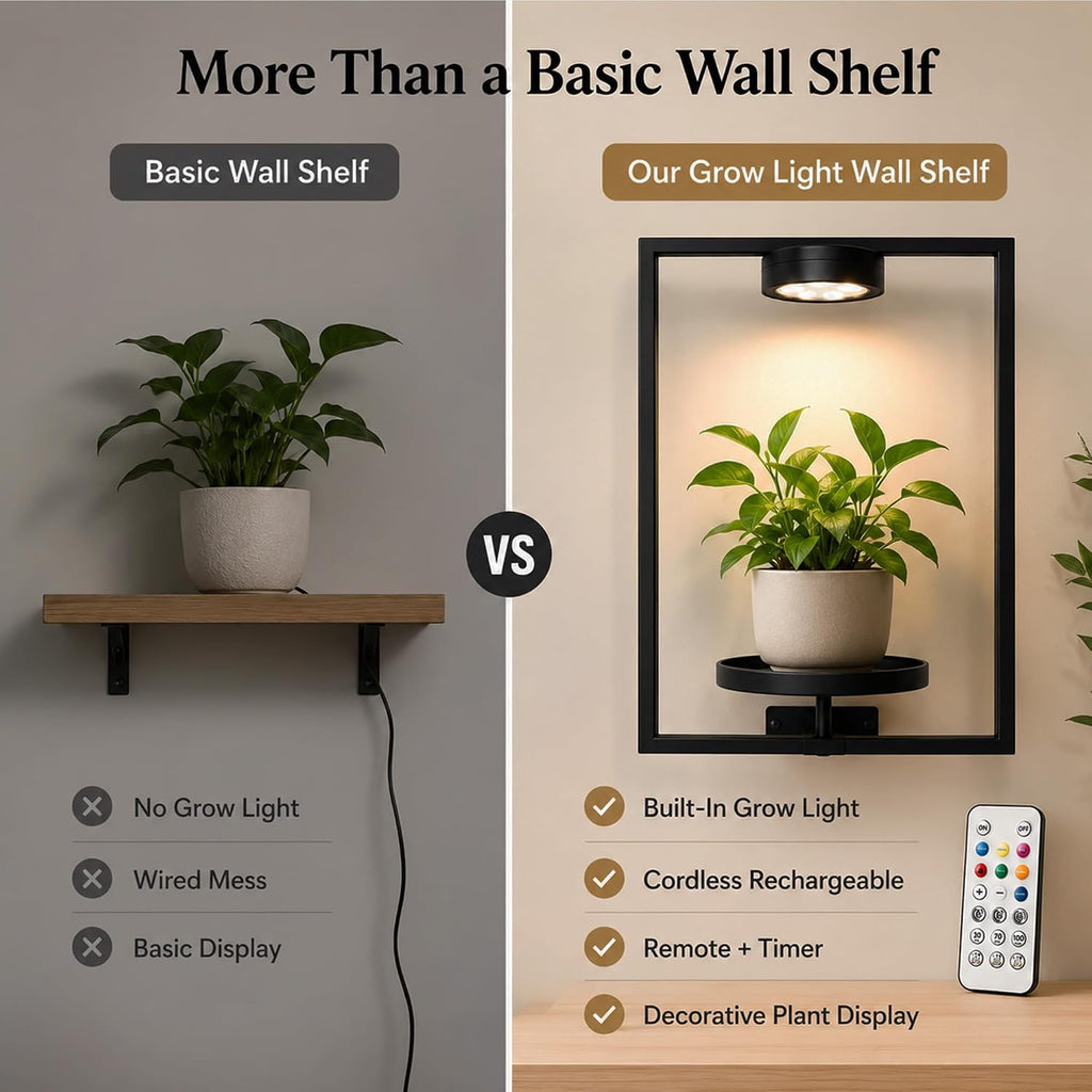 2 Pack Plant Wall Shelf with Grow Light, Wall Mounted Indoor Plant Shelf | Rechargeable Cordless Magnetic Grow Light