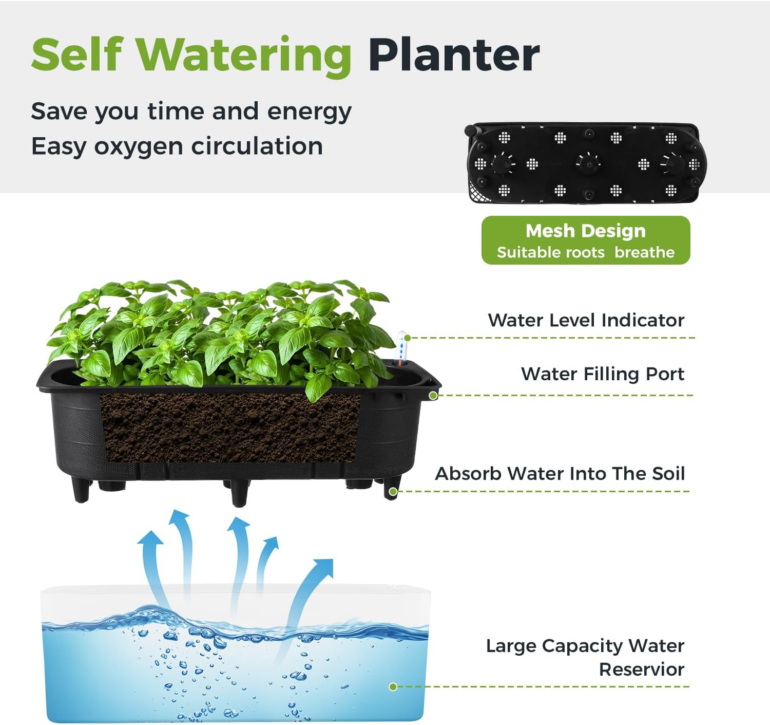 2 Pack Rectangular Planter 15.6 x 5.4 in Self Watering Planter Window Sill Planters Indoor Rectangle Plant Pot Self