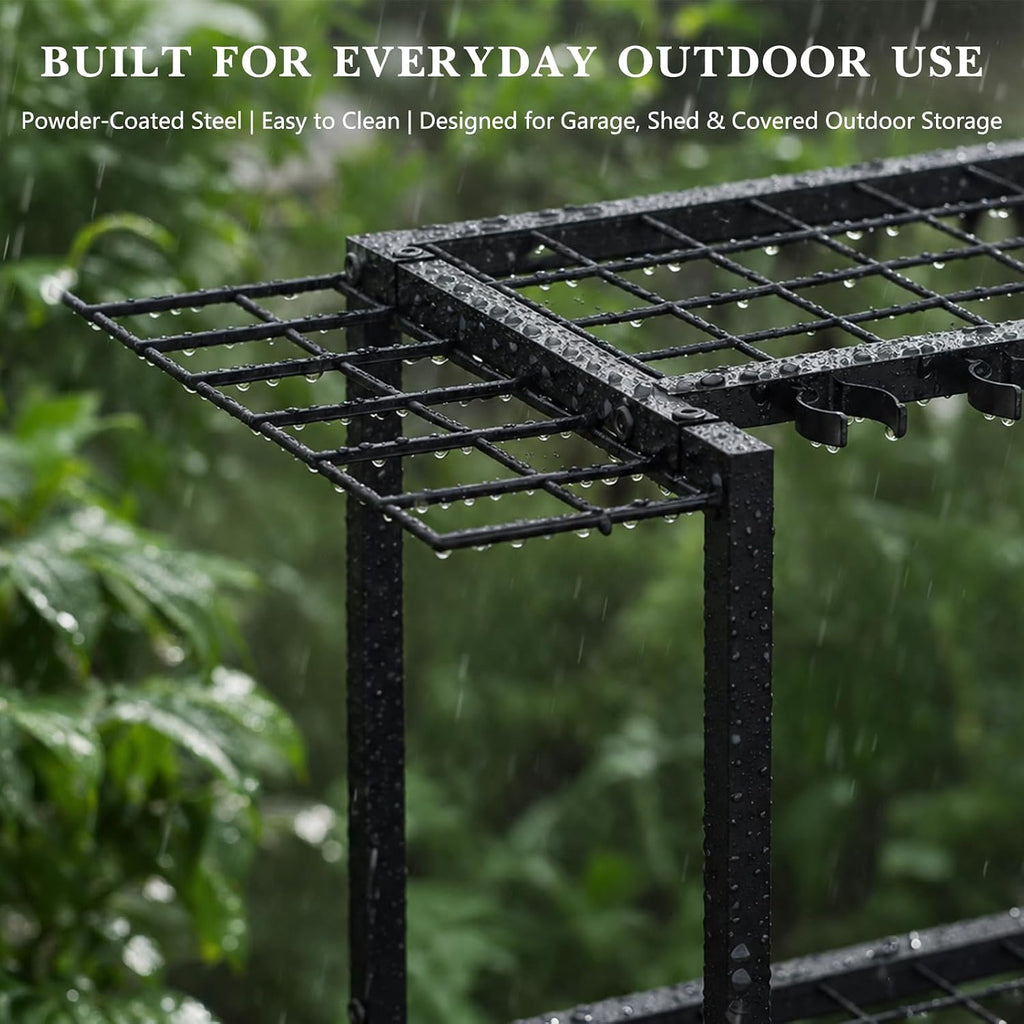 Faesun Garden Tool Organizer, 3-Tier Metal Yard Tool Rack with 14 Hooks & 5 Slots, Holds 50+ Rakes/Shovels/Brooms