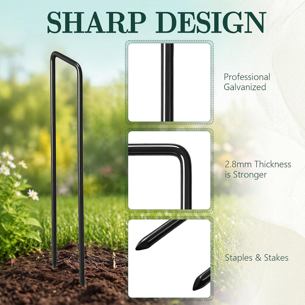 Therwen 100pcs 6 Inch Turf Stakes for Artificial Grass Black Landscape Staples Bulk Galvanized Heavy Duty Garden Stake