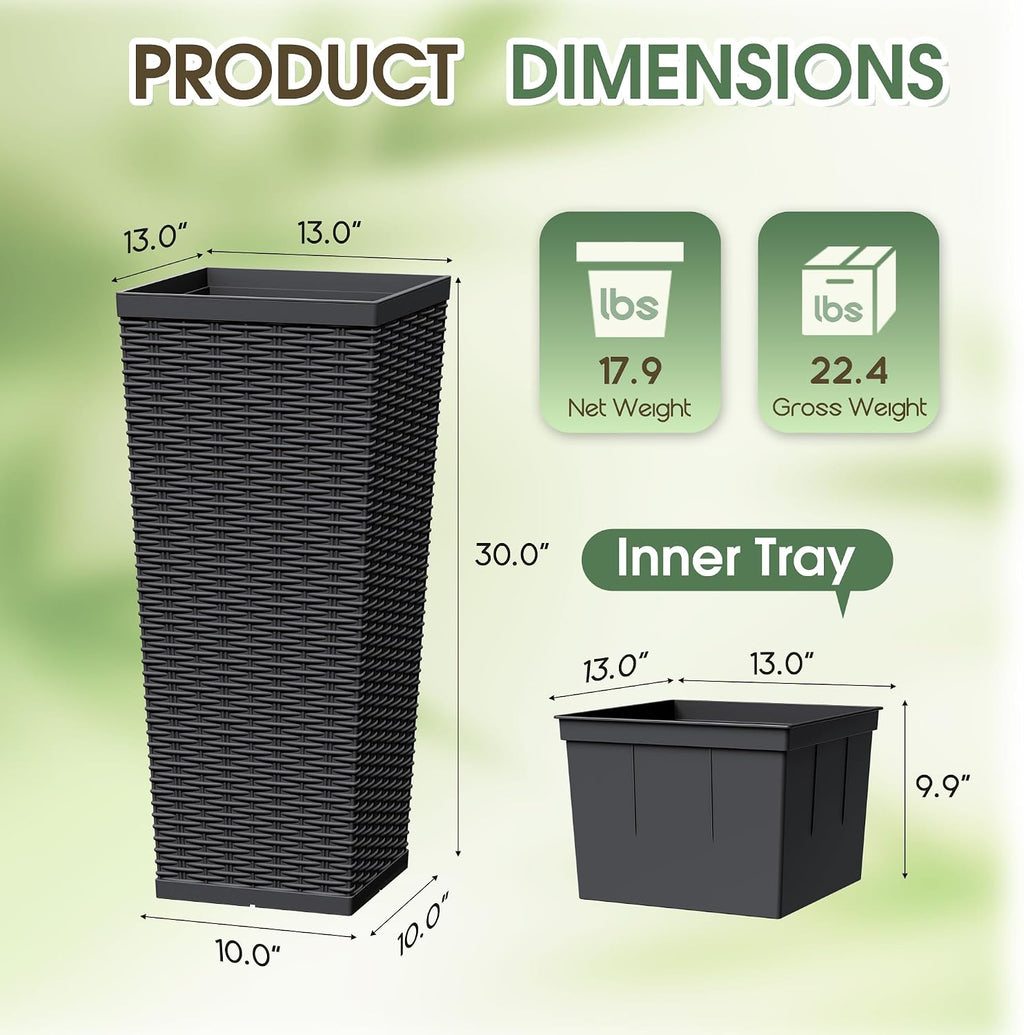 24 Inch Tall Plastic Planters (Set of 2) with Drainage Holes, Black | Detachable Inner Pot, Outdoor Decorative Flower