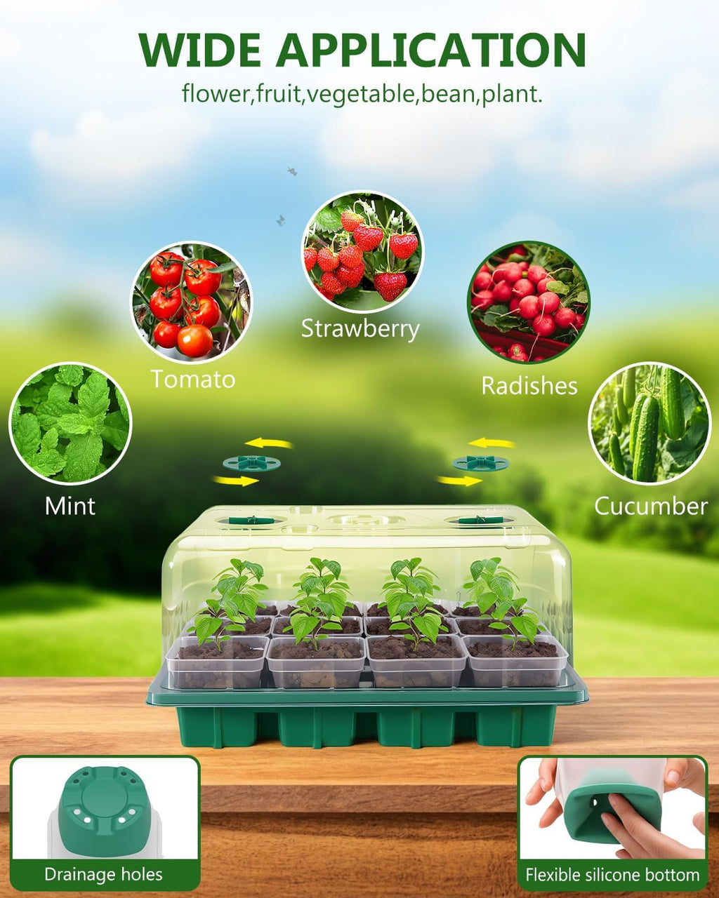 12 Cell Seed Starter Kit with Grow Light Heating Mat & Silicone Pots | Grow Light, Graphene Heating Mat, Reusable Tray