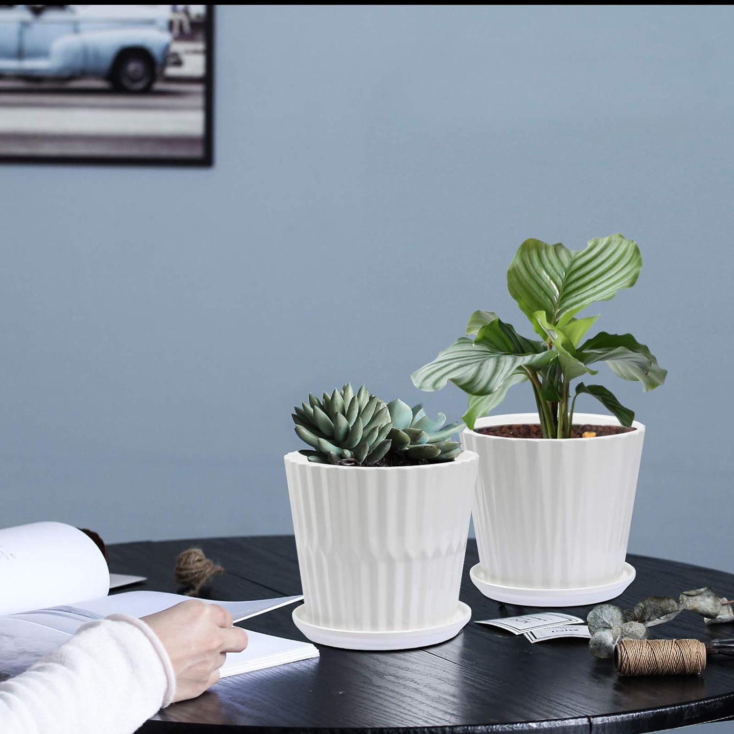 sietpoek 6.7” Ceramic Plant Pots with Drainage and Saucer 2PCs White | White Ceramic Flower Pots with Drainage Hole and