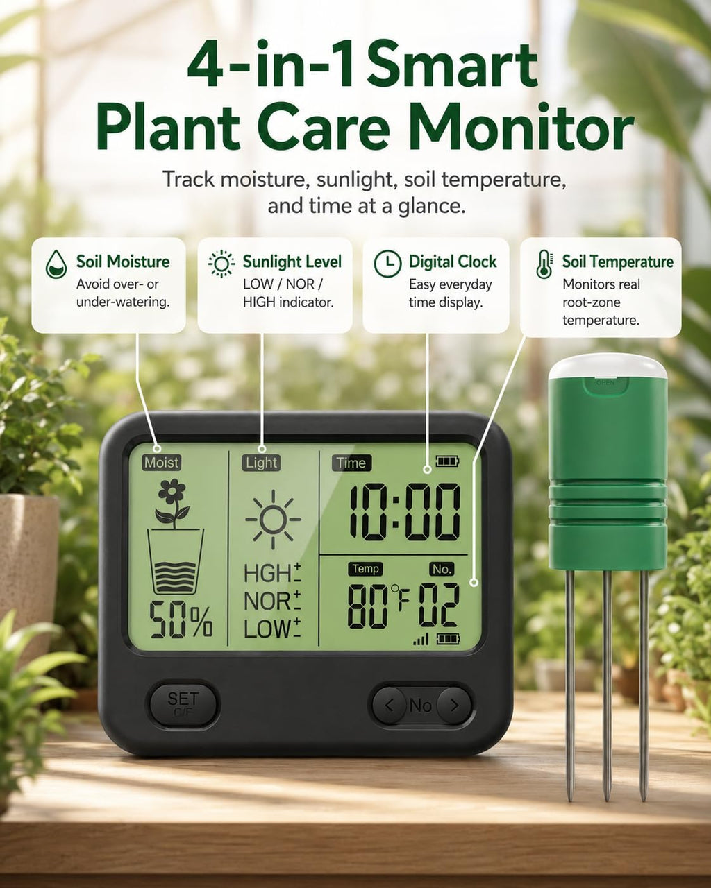 Soil Moisture Meter for Plants, 12-Zone Wireless Plant Water Meter, Soil Thermometer and Light Sensor, 4-in-1 TDR