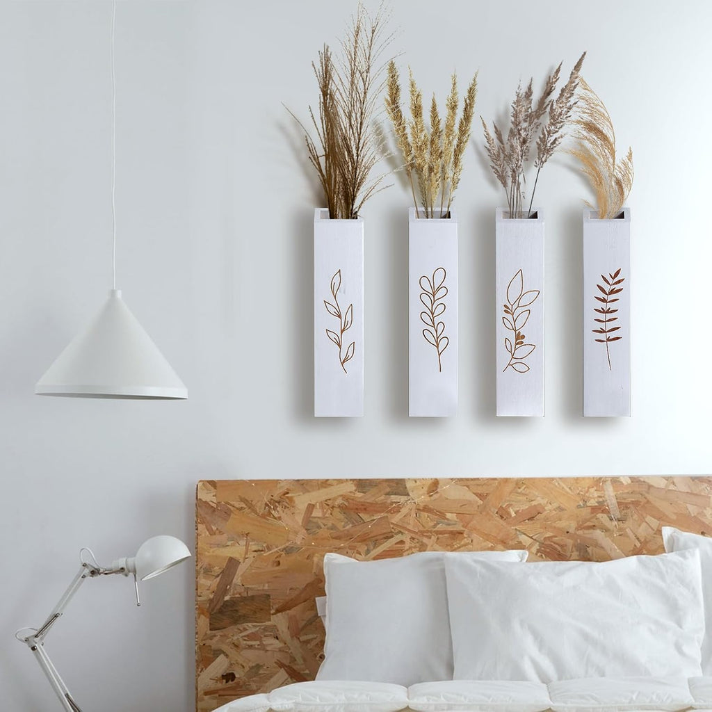 Wooden Wall Vase Planter Set of 4 | White Finish Farmhouse & Boho Wall Decor for Entryway, Hallway, Bathroom, Living