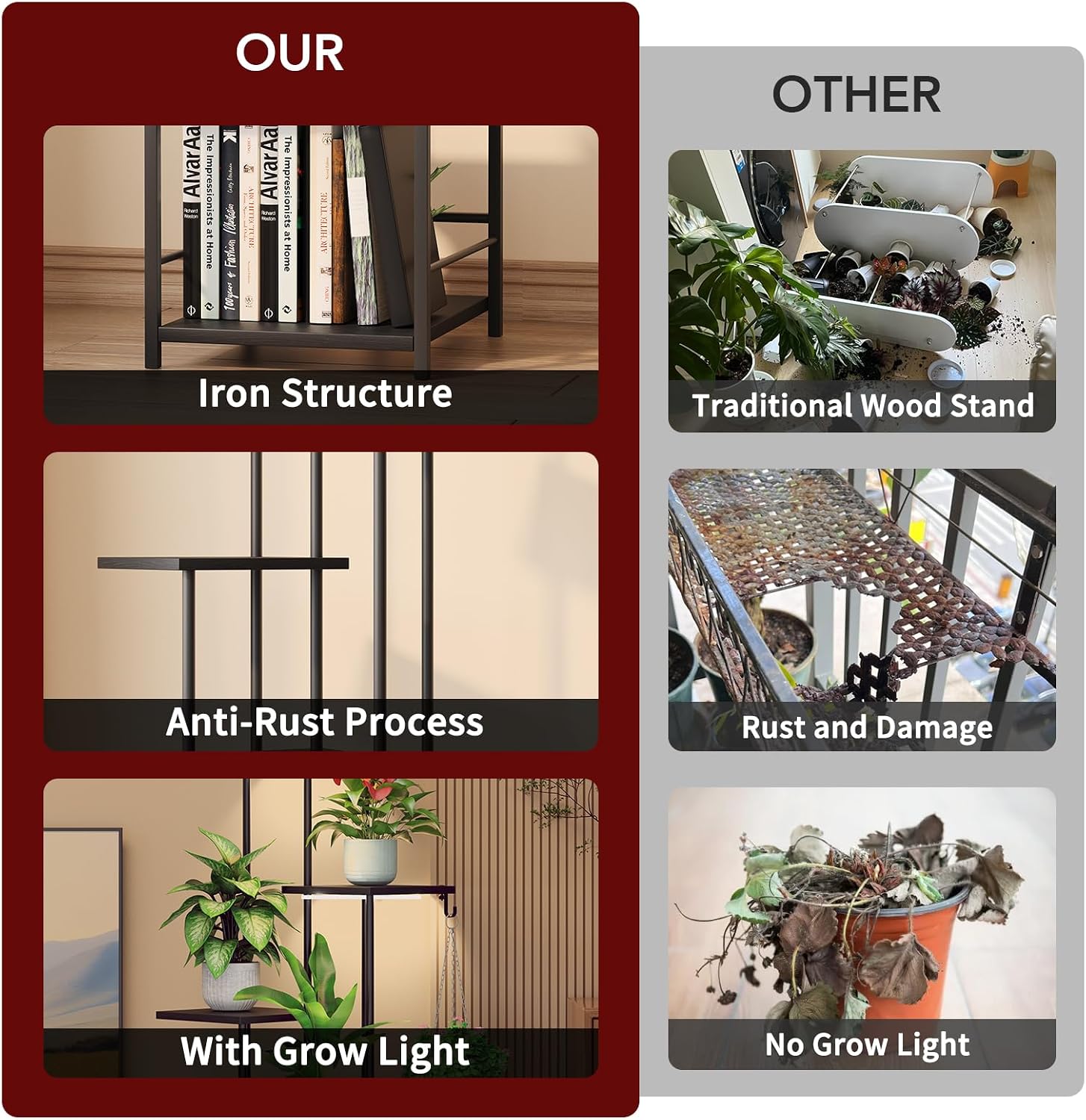 Plant Stand Indoor with Grow Light - 6-Tier Metal Plant Shelf with Hanging Basket Hook, Corner Tall Flower Holder for
