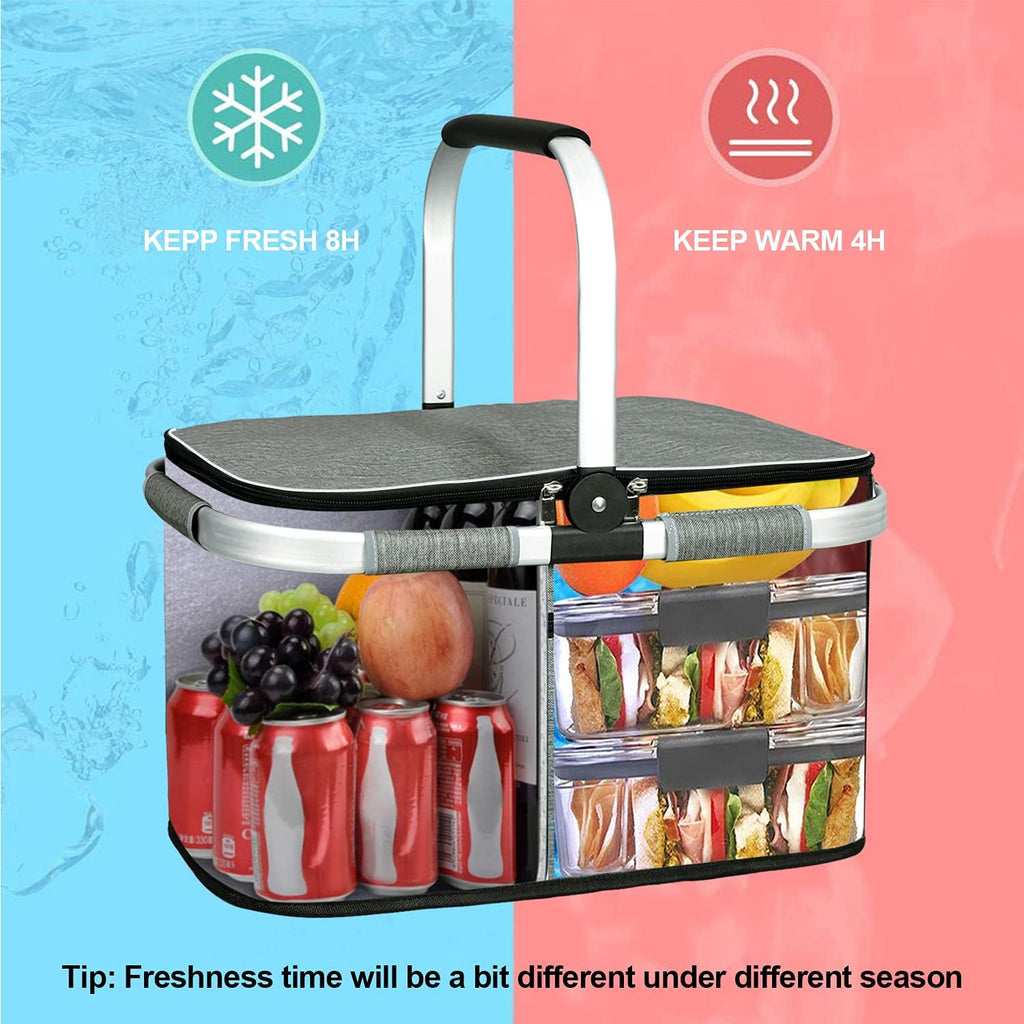 LIQING 35L Large Picnic Basket 2 Layers of Internal Pockets Leak-Proof and Insulated ，Folding with Internal Support for