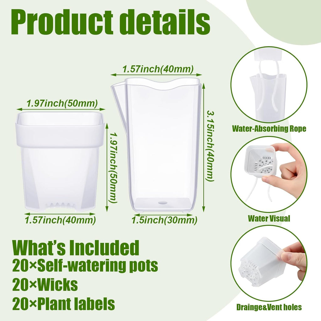 LemonRoad 20 Pack 2" Small Self Watering Pots for Indoor Plants | with 20 Plant Label, Mini Clear Plastic Planters with