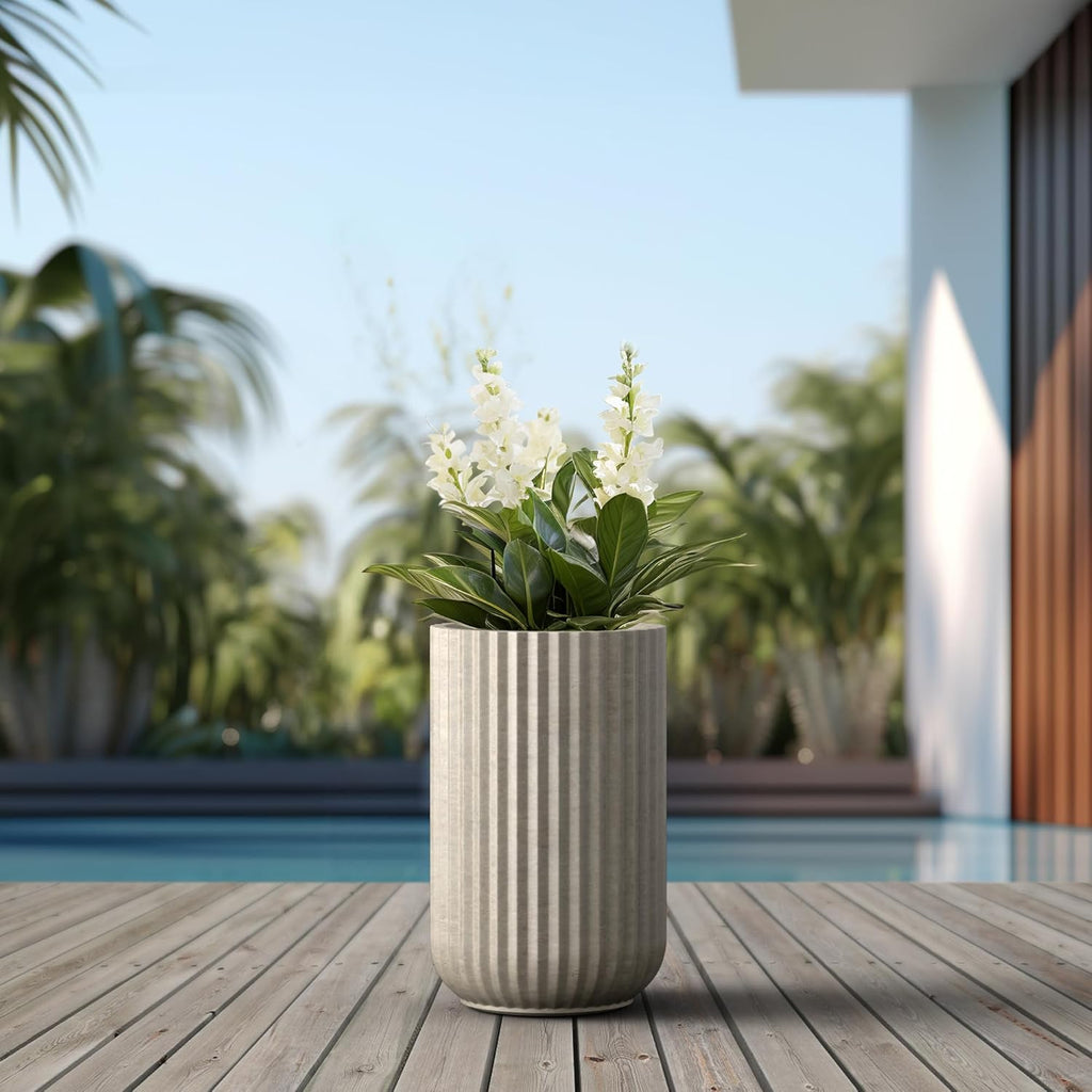 Kante Accent Round Column Weathered Concrete Planter 17.7" Tall, Outdoor | Fluted, Rubber Plug for Indoor, Drainage for