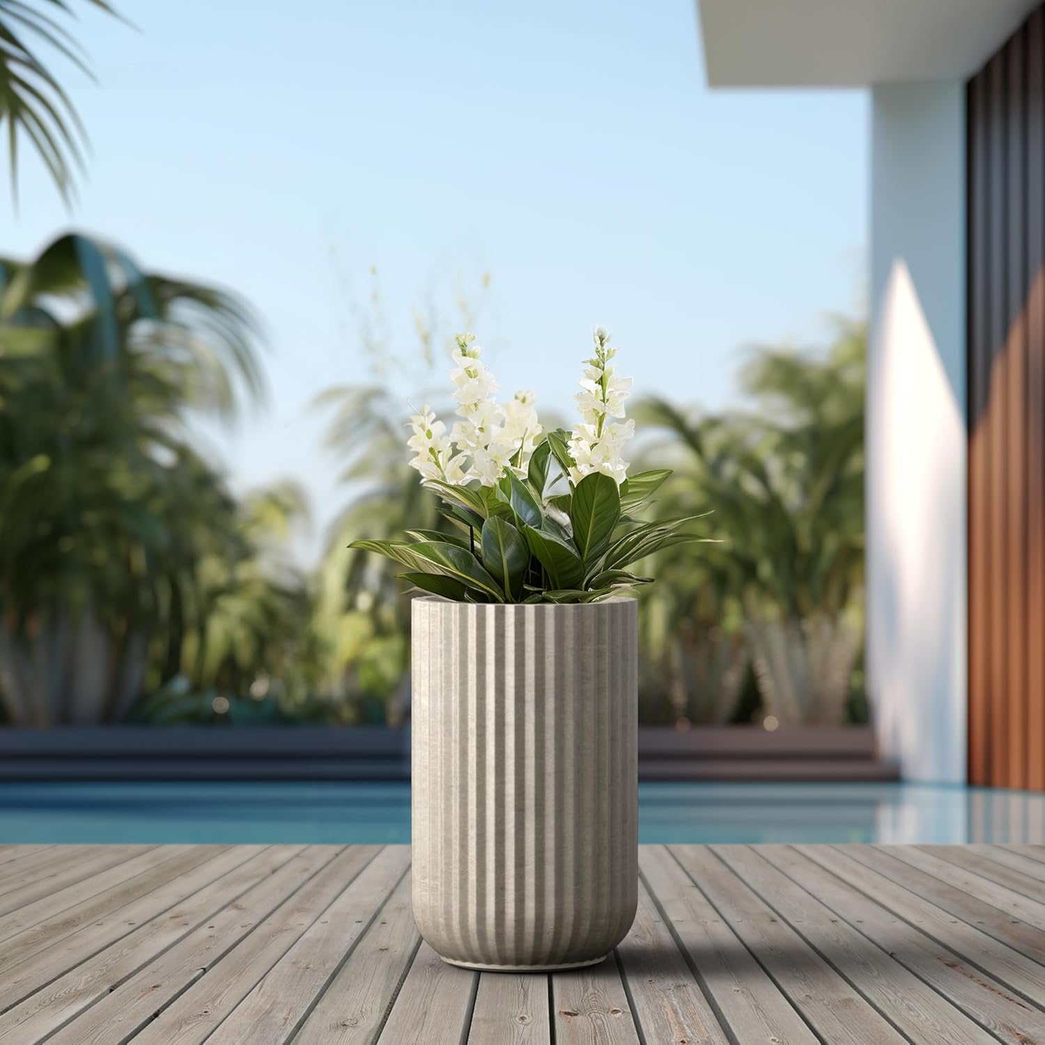 Kante Accent Round Column Weathered Concrete Planter 17.7" Tall, Outdoor | Fluted, Rubber Plug for Indoor, Drainage for