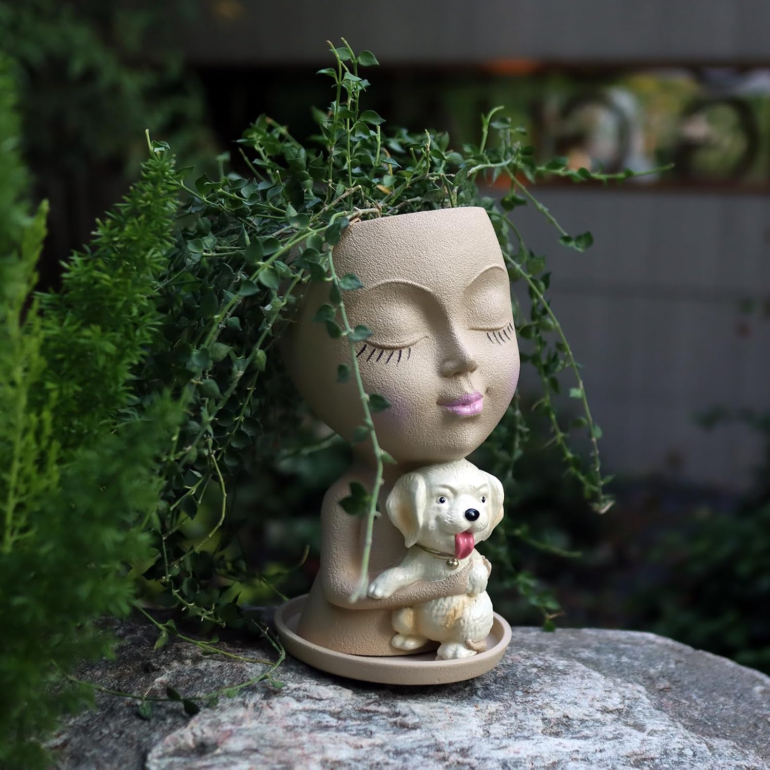 Dolkgy Cute Face Planter with Dog Head Planters Pot for Indoor Outdoor Plants, Succulent Flower Pot with Drainage Tray