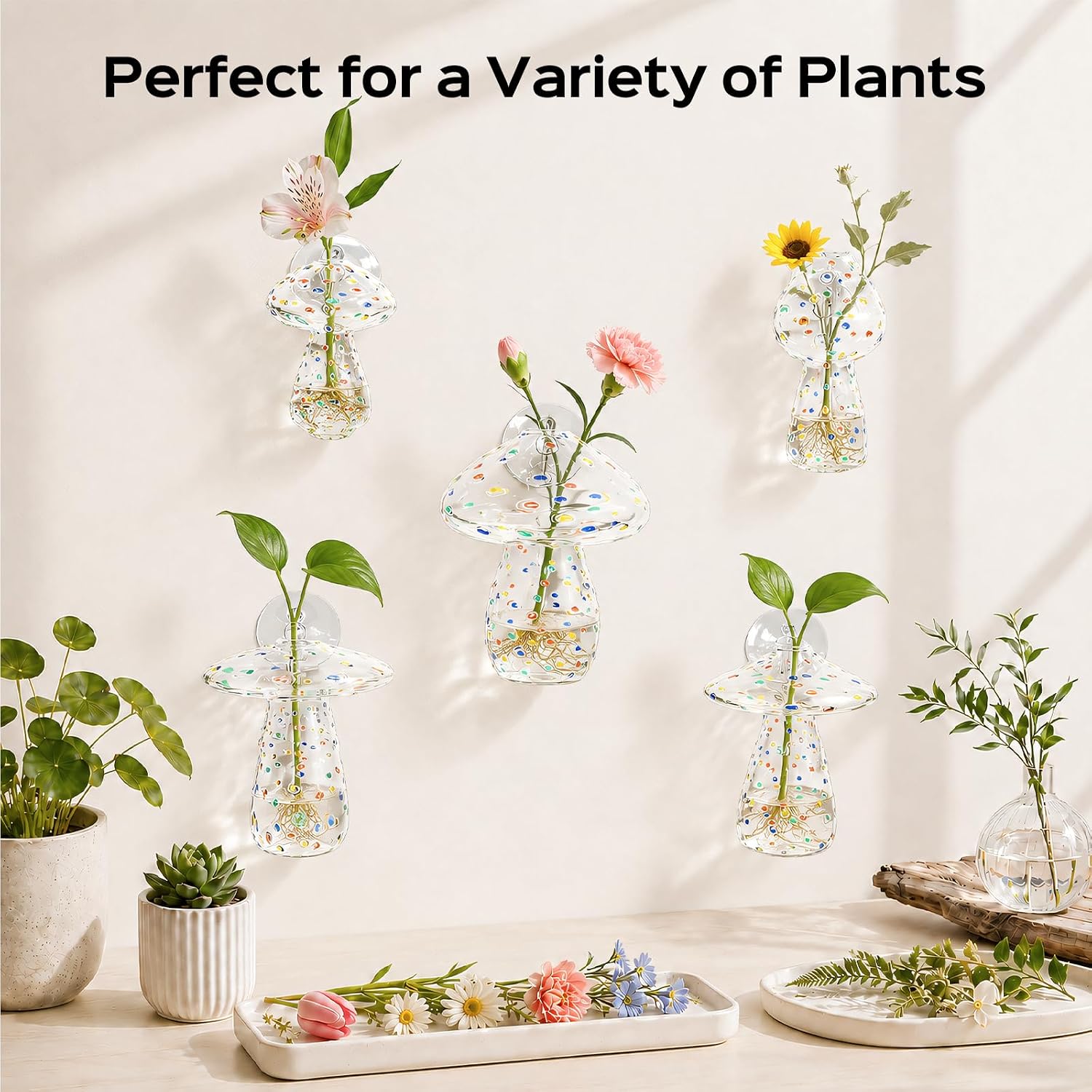 5Pcs Starry Glass Propagation Vases, 2.6mm Glass Vases, 6kg Suction Cups | Starry diamond dot glass design|Handcrafted