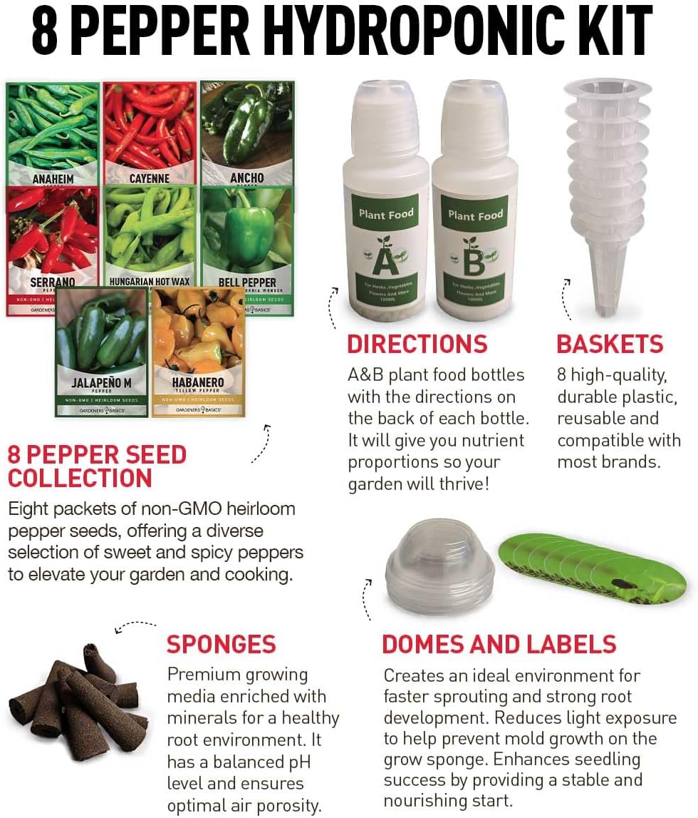 Hydroponic Indoor Pepper Growing Kit – Indoor Pepper Variety Pack Featuring Green Bell, Anaheim, Jalapeno, Cayenne
