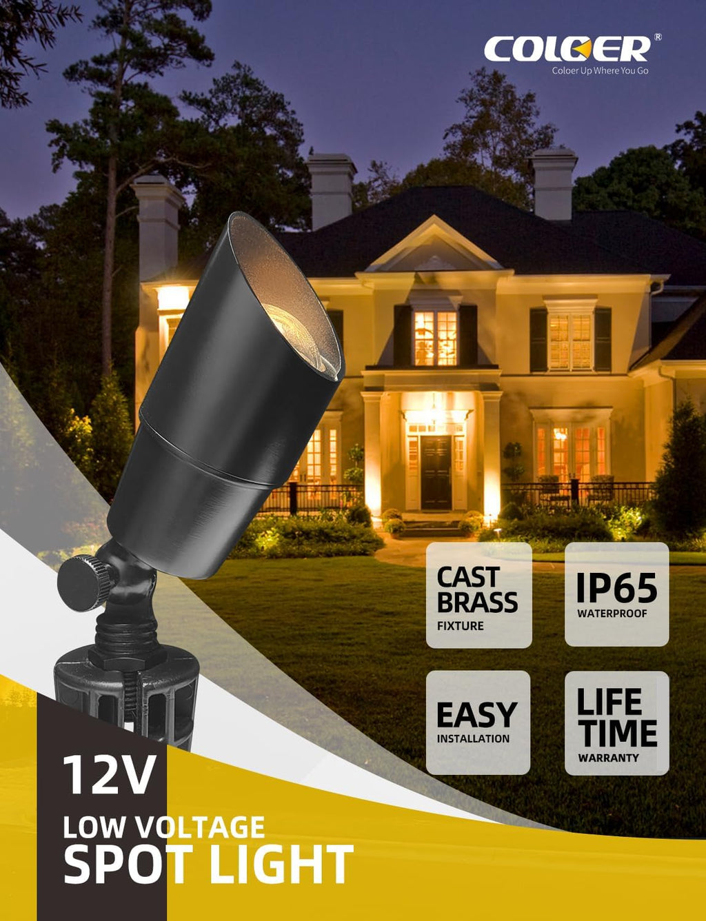 COLOER Solid Brass Landscape Spotlight 1-Pack with 5W LED MR16(101B-Black) | 9-17V AC/DC Heavy Duty Low Voltage Accent