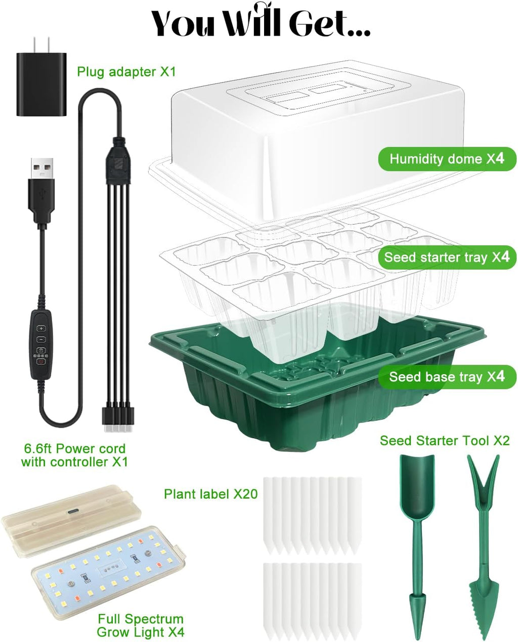 Seed Starter Tray with Grow Light (4x 24-LED), 4 Pack for Seed Starting | Seed Starter Kit with Humidity Domes and